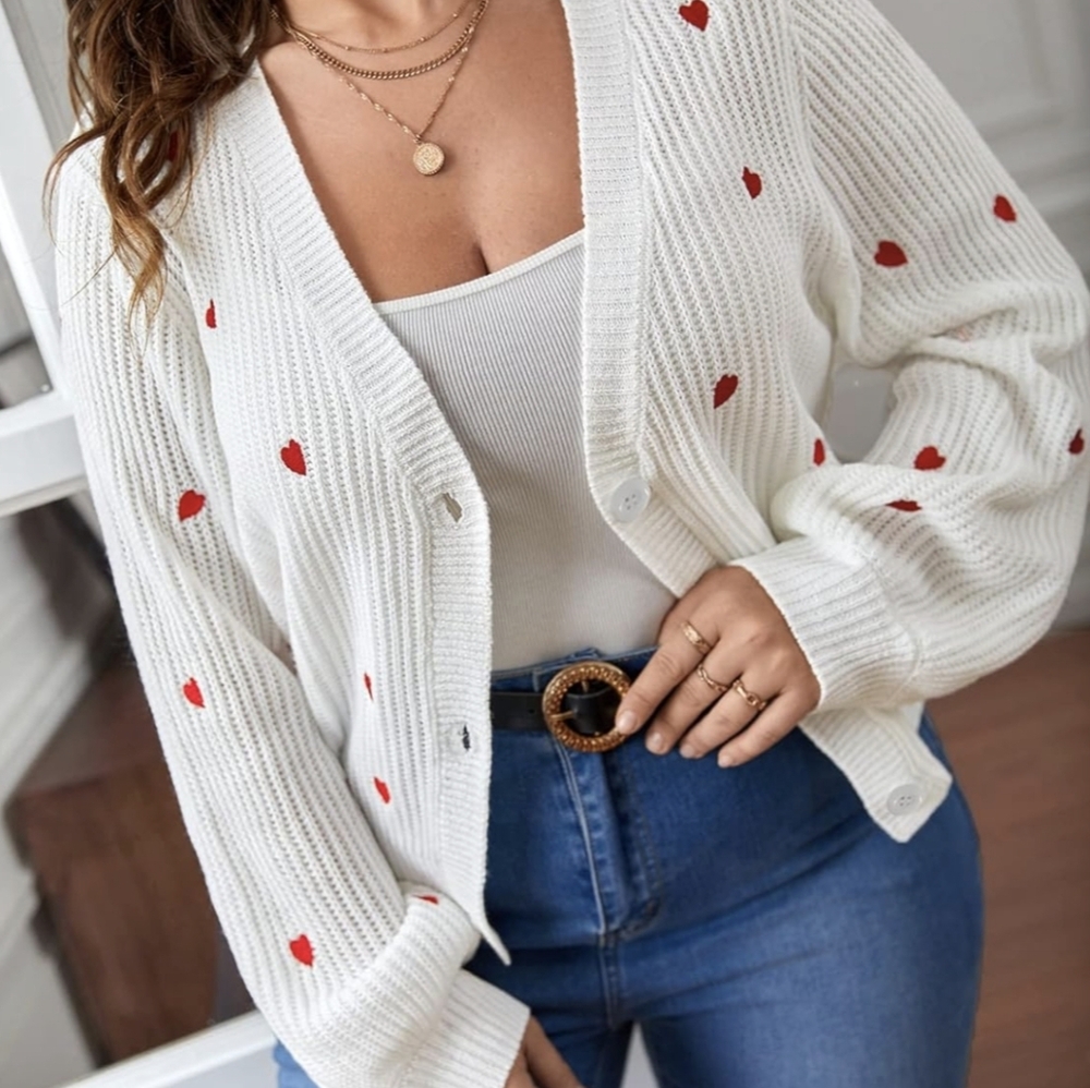 Kawaii white embroidered heart cardigan sweater size small valentine's day